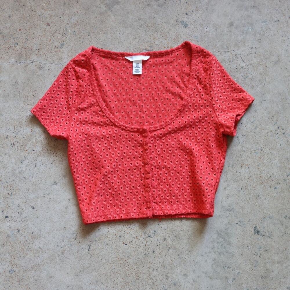 H&M Coral Eyelet Knit Short Sleeve Top Women's Medium Textured Cottagecore